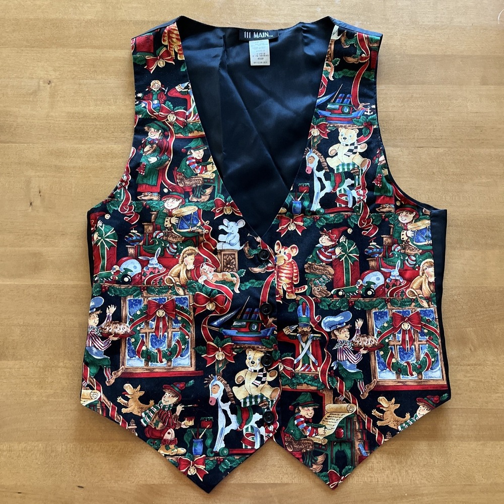VTG 111 Main Christmas Novelty Vest Womens M Black Santas Workshop Elves Toys